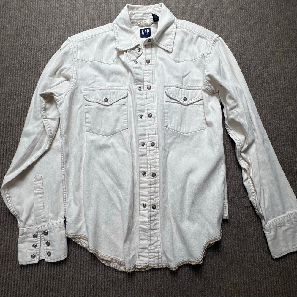 Vintage GAP Cream Denim Shirt Western Pearl Snap Flap Pocket Size Small 2002